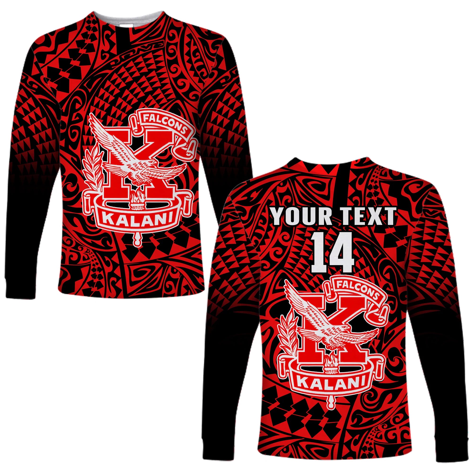 (Custom Text And Number) Hawaii Long Sleeve Shirt Kalani High School Tribal Kakau LT14 Unisex Red - Polynesian Pride