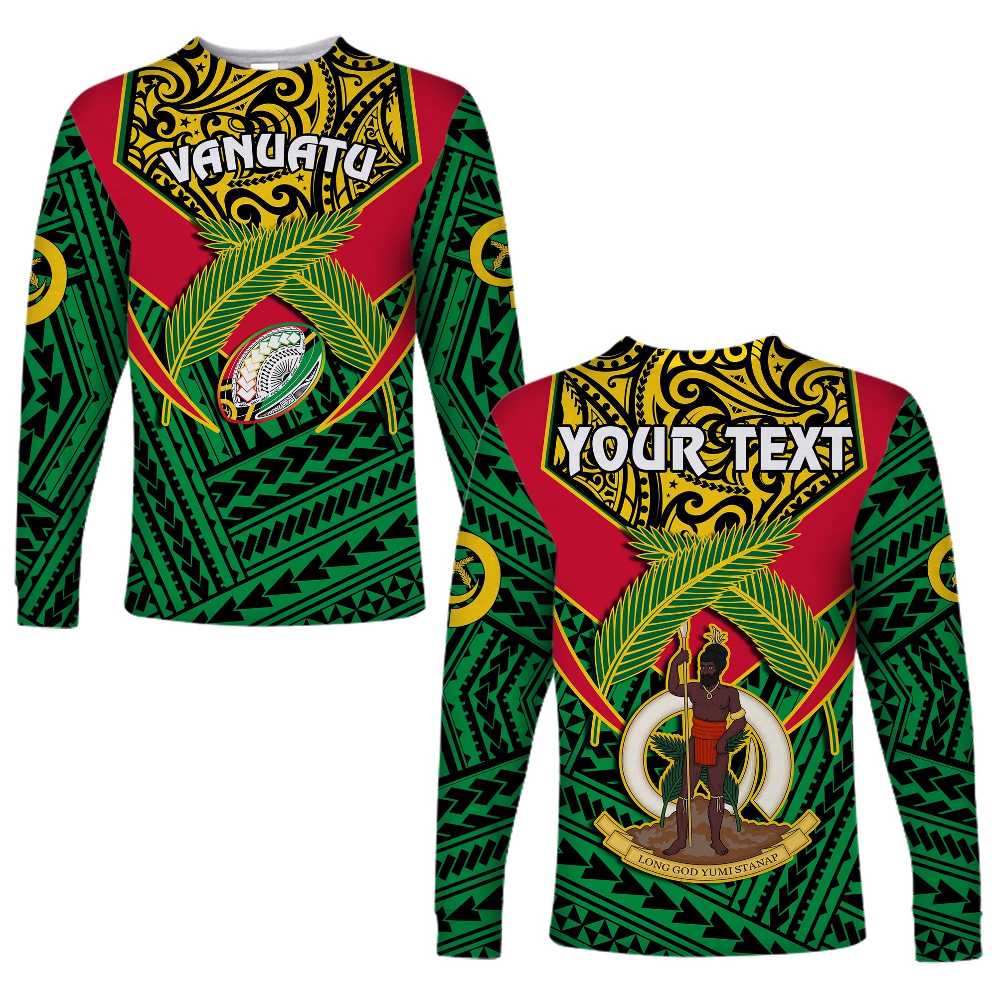 (Custom Personalised) Vanuatu Rugby Long Sleeve Shirt Coat Of Arms Polynesian Pattern LT14 Unisex Green - Polynesian Pride