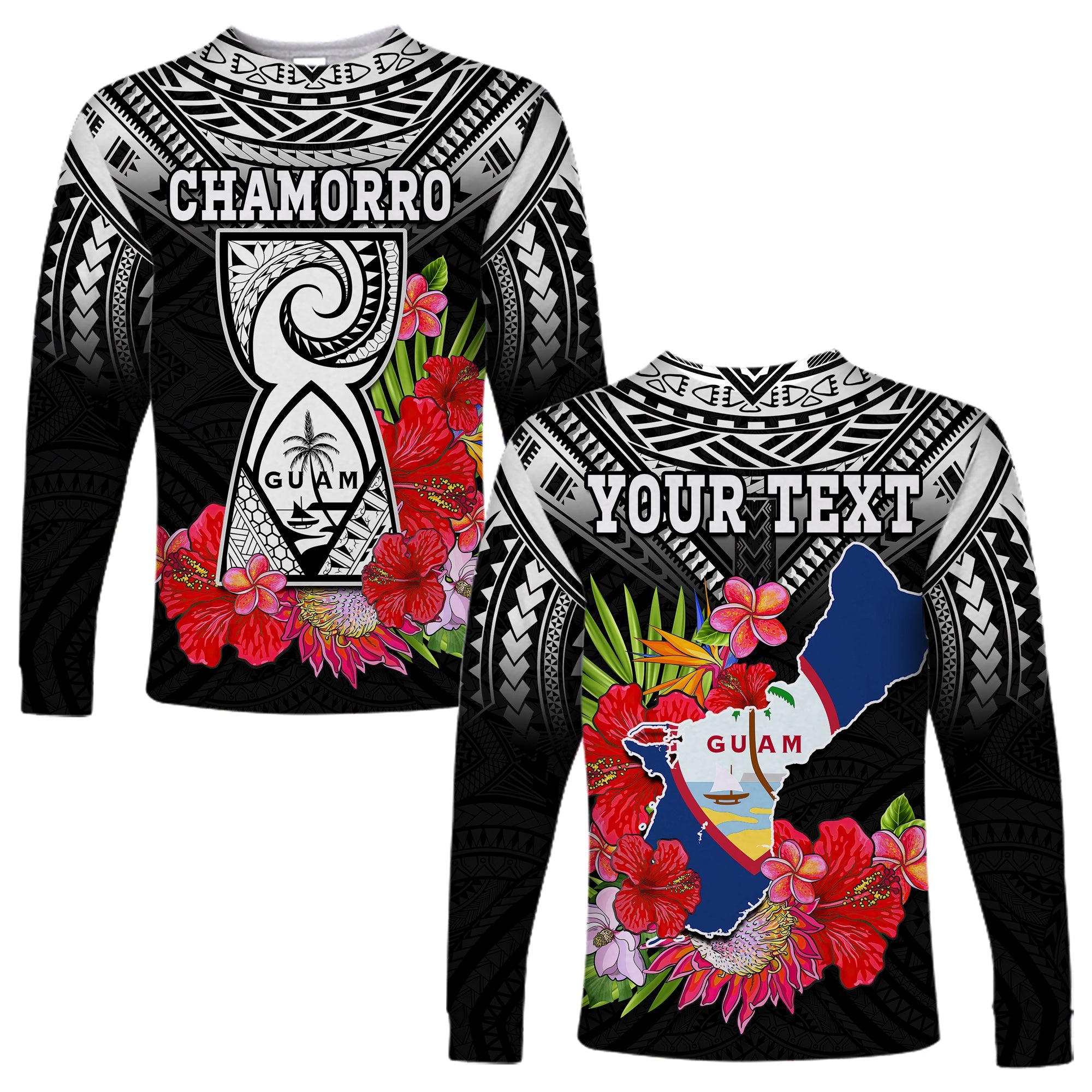 (Custom Personalised) Guam Chamorro Long Sleeve Shirt Guaman Latte Stone Tropical Flowers Black Style LT14 Unisex Black - Polynesian Pride