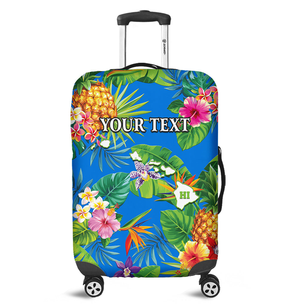 (Custom Personalised) Hawaii Luggage Cover Tropical Flowers Pinapple Hawaiian Map Ver.02 LT14 Blue - Polynesian Pride