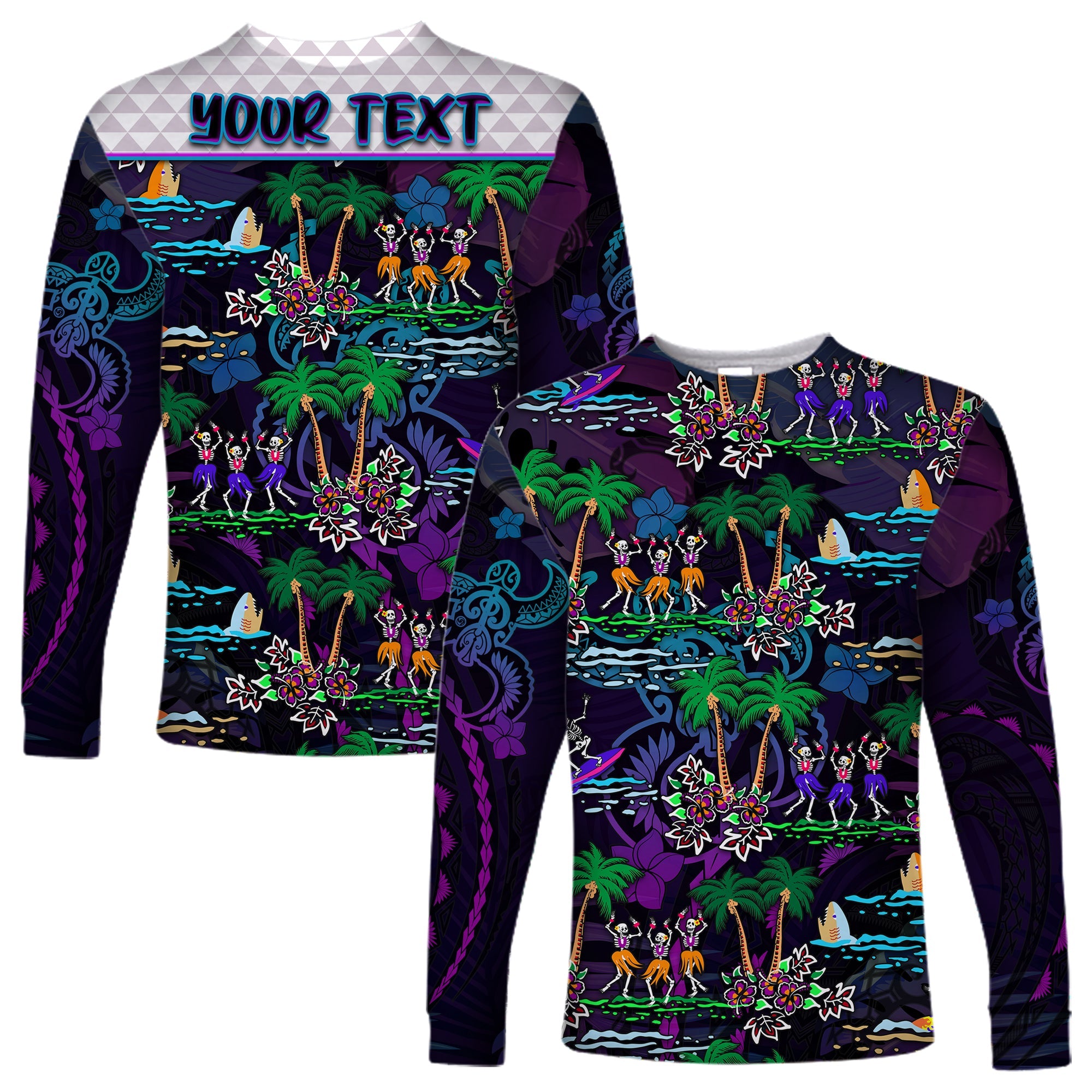 (Custom Personalised) Hawaii Skeleton Dancing Long Sleeve Shirt Halloween Hawaiian Turtle LT13 Unisex Purple - Polynesian Pride