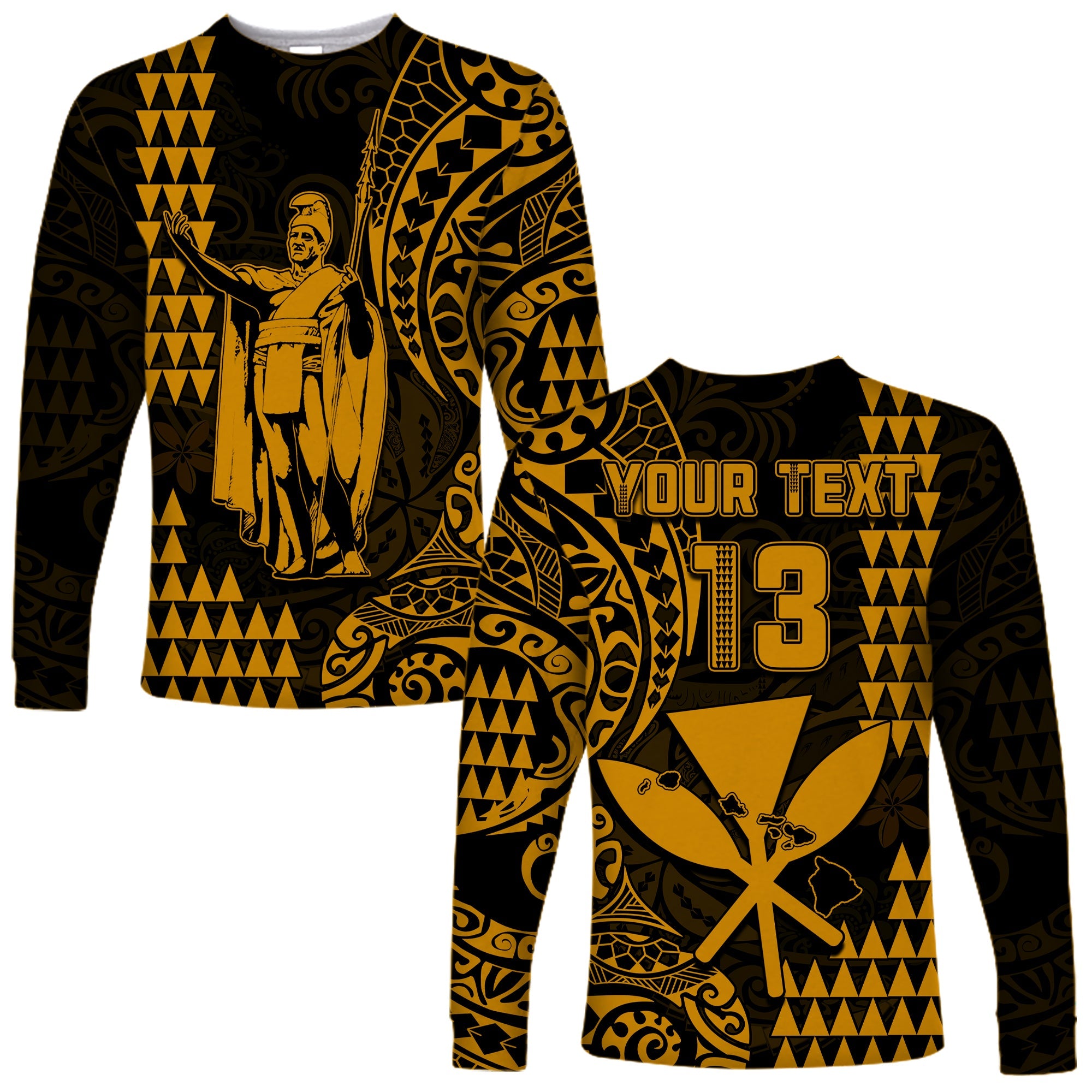 (Custom Text and Number) Hawaii Day Kakau Long Sleeve Shirt Proud To Be Hawaiian Gold King Kamehameha and Kanaka Maoli LT13 Unisex Gold - Polynesian Pride