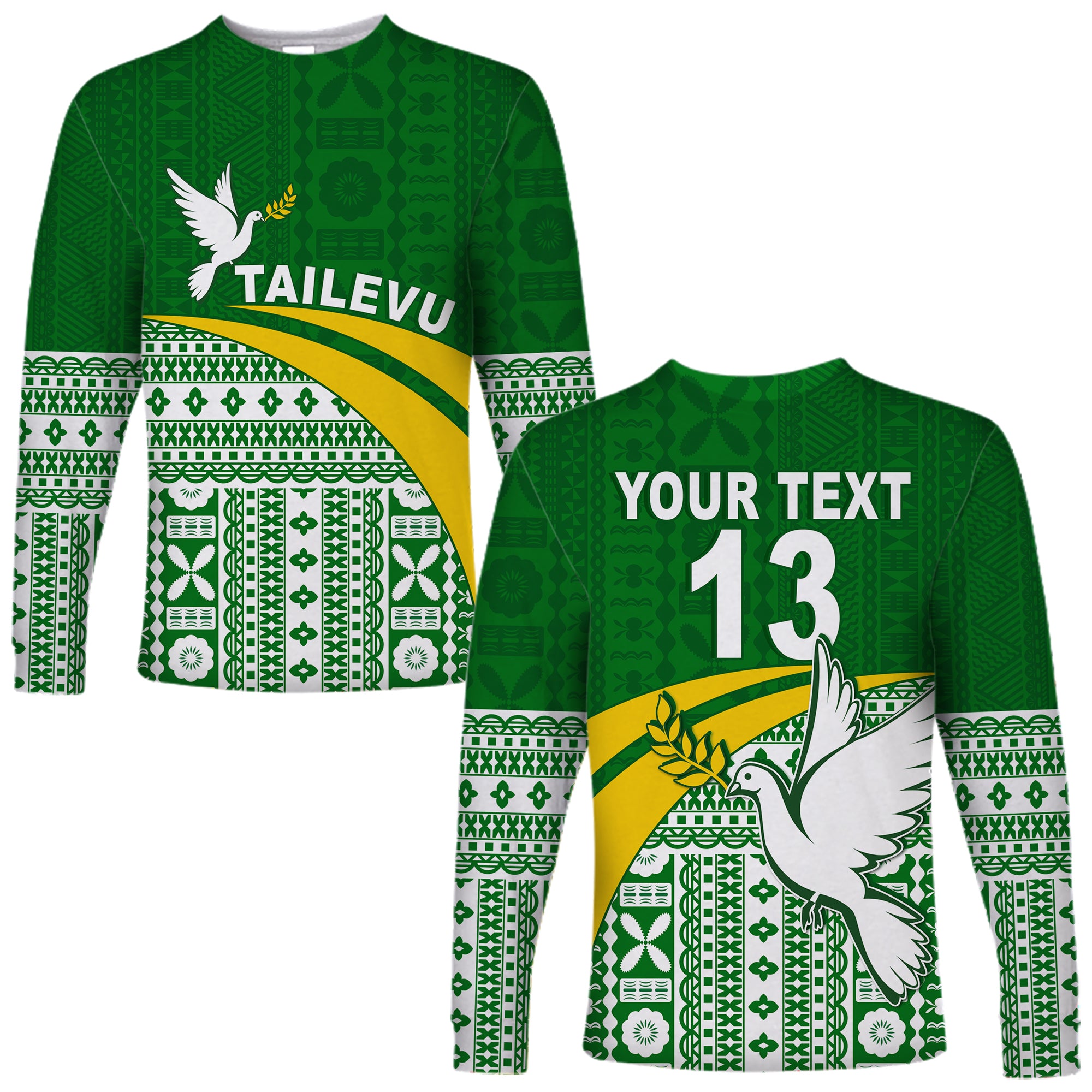 (Custom Text and Number) Tailevu Rugby Long Sleeve Shirt Fiji Rugby Tapa Pattern Green LT13 Unisex Green - Polynesian Pride