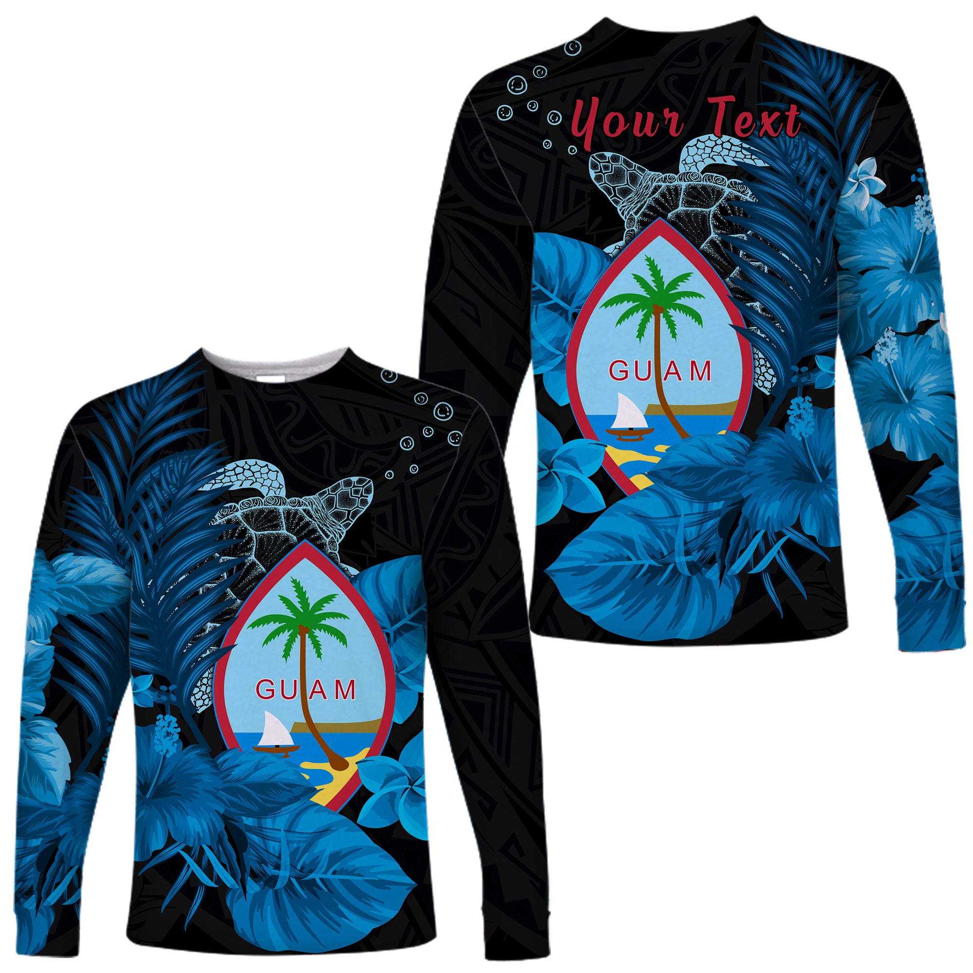 (Custom Personalised) Guam Seal Long Sleeve Shirt Polynesian Turtle with Flowers Version Blue LT13 Unisex Blue - Polynesian Pride