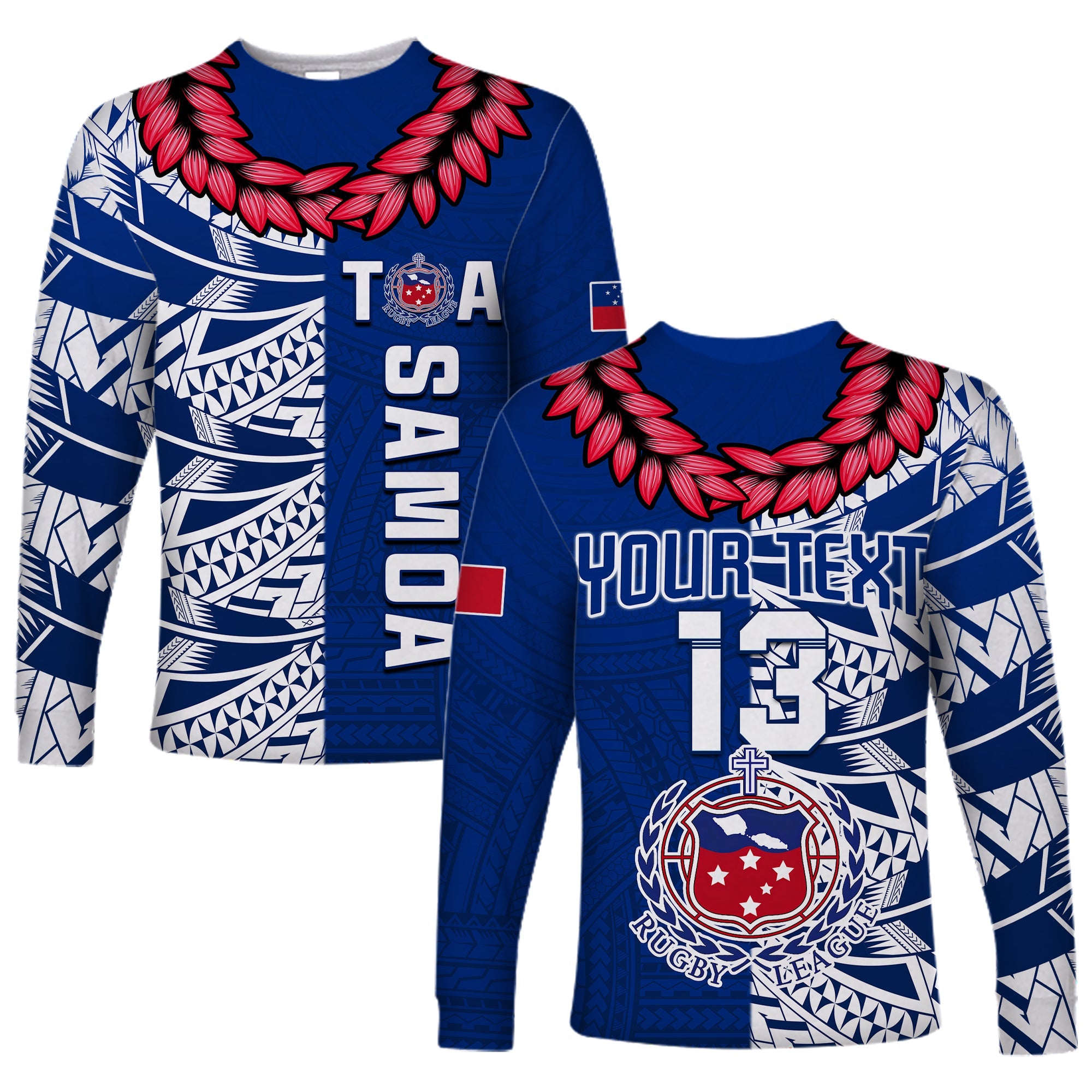 (Custom Text and Number) Toa Samoa Rugby Long Sleeve Shirt Siamupini Ula Fala Blue LT13 Unisex Blue - Polynesian Pride