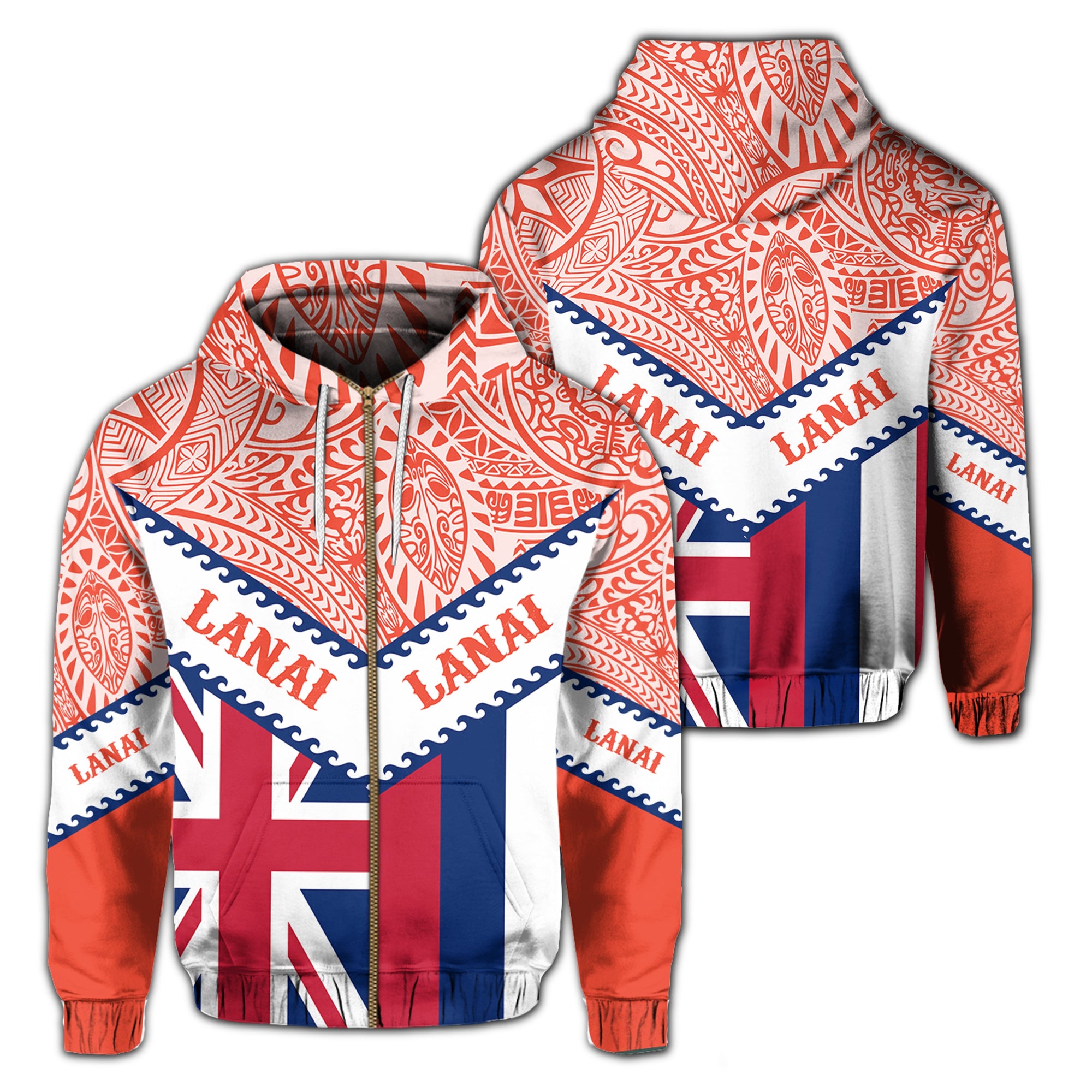 Hawaii Flag Lanai Hoodie Zip Mit Style Unisex Orange - Polynesian Pride