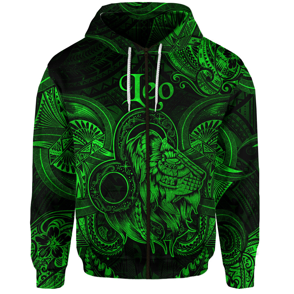 Leo Zodiac Polynesian Zip Hoodie Unique Style Green LT8 - Polynesian Pride