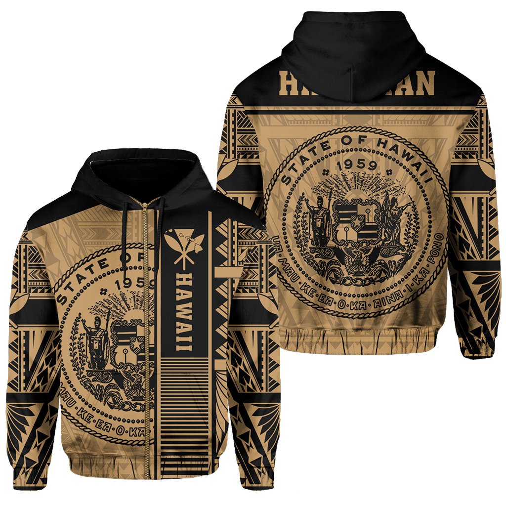 Polynesian Seal of Hawaii Zip Hoodie Gold NRP Style Unisex Gold - Polynesian Pride