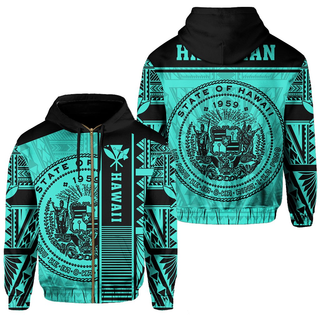 Polynesian Seal of Hawaii Zip Hoodie Turquoise NRP Style Unisex Turquoise - Polynesian Pride