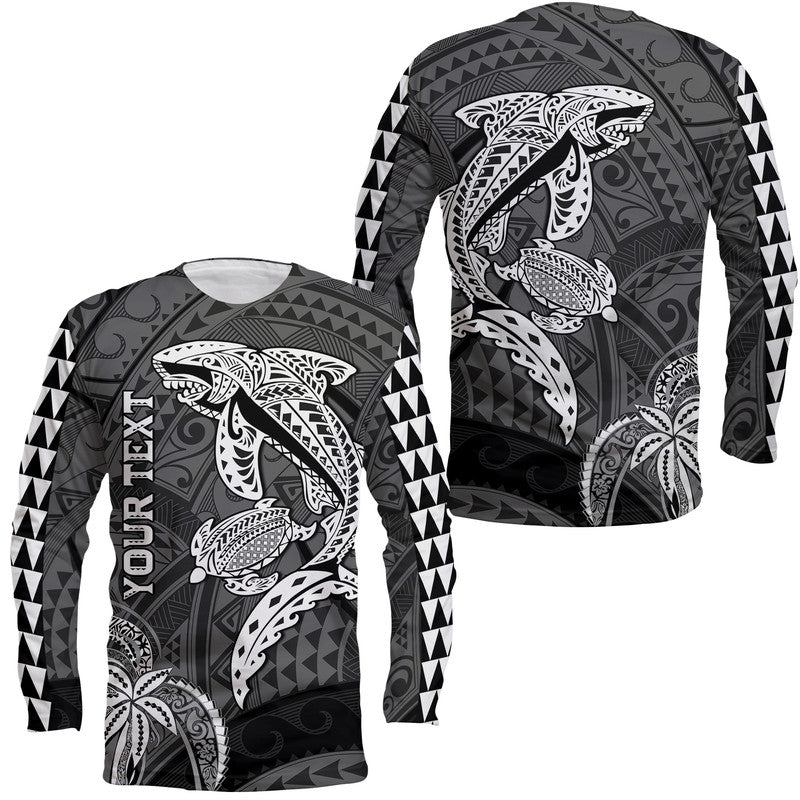 (Custom Personalised) Hawaii Long Sleeve Shirt Shark and Turtle Mix Kakau LT9 Unisex Black - Polynesian Pride