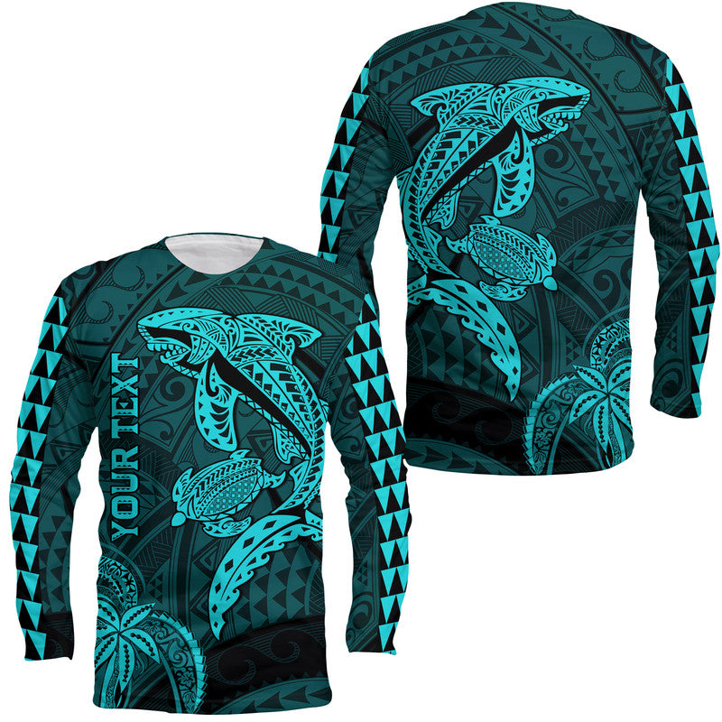 (Custom Personalised) Hawaii Long Sleeve Shirt Shark and Turtle Mix Kakau Turquoise LT9 Unisex Turquoise - Polynesian Pride