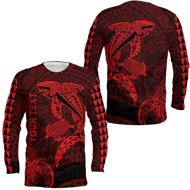 (Custom Personalised) Hawaii Long Sleeve Shirt Shark and Turtle Mix Kakau Red LT9 Unisex Red - Polynesian Pride