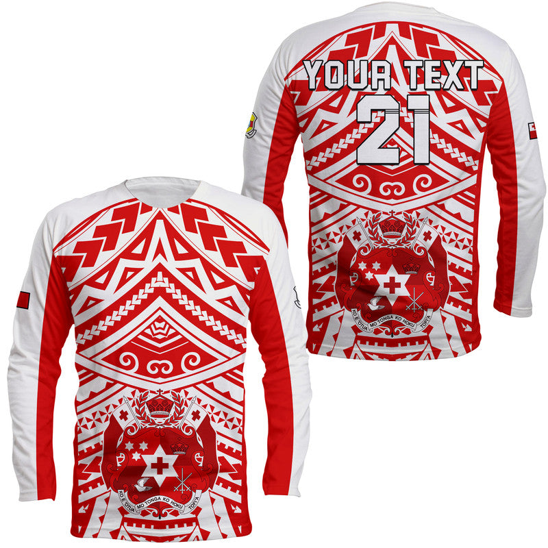 (Custom Text And Number) Tonga Rugby Sevens Long Sleeve Shirt Coat of Arms Tribal Polynesian Pattern LT9 Unisex Red - Polynesian Pride