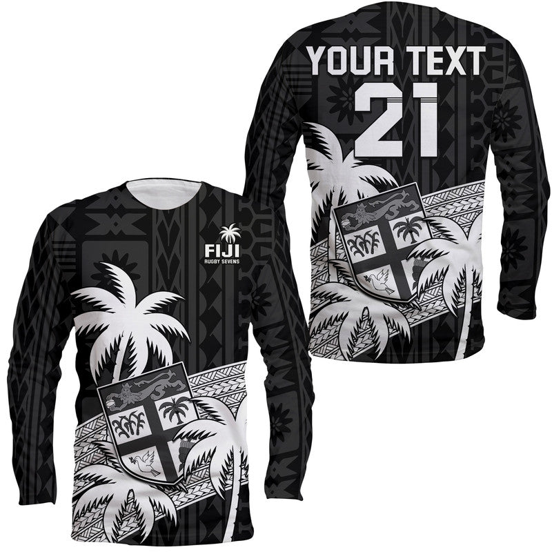 (Custom Text And Number) Fiji Rugby Sevens Long Sleeve Shirt Tapa Palm Tree and Fijian Coat of Arms LT9 Unisex Blue - Polynesian Pride