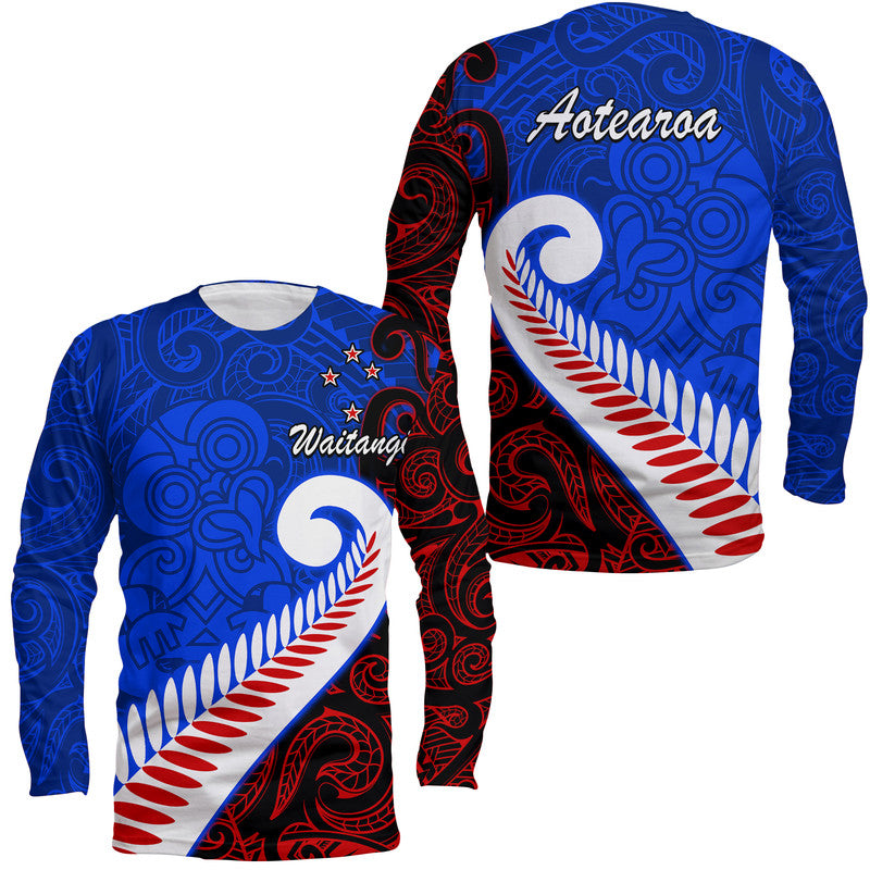 Waitangi Day Long Sleeve Shirt Aotearoa Hei Tiki Silver Fern LT9 Unisex Blue - Polynesian Pride