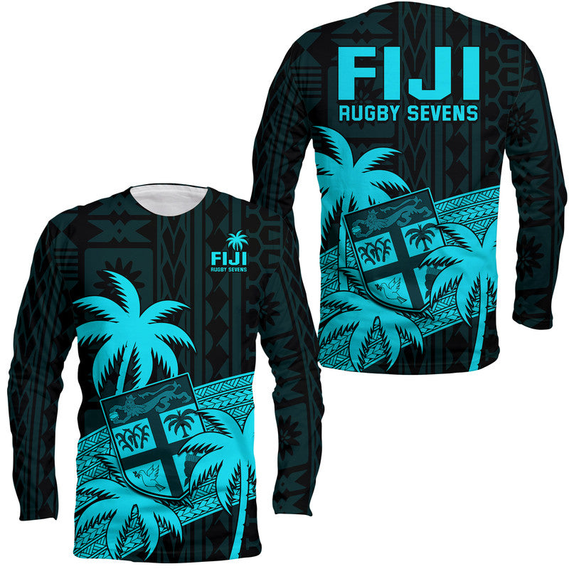 Fiji Rugby Sevens Long Sleeve Shirt Tapa Palm Tree and Fijian Coat of Arms LT9 Unisex Blue - Polynesian Pride