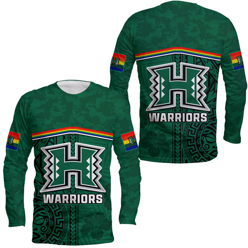 Hawaii Warriors Football Long Sleeve Shirt Polynesian Palm and Hibiscus LT9 Unisex Green - Polynesian Pride