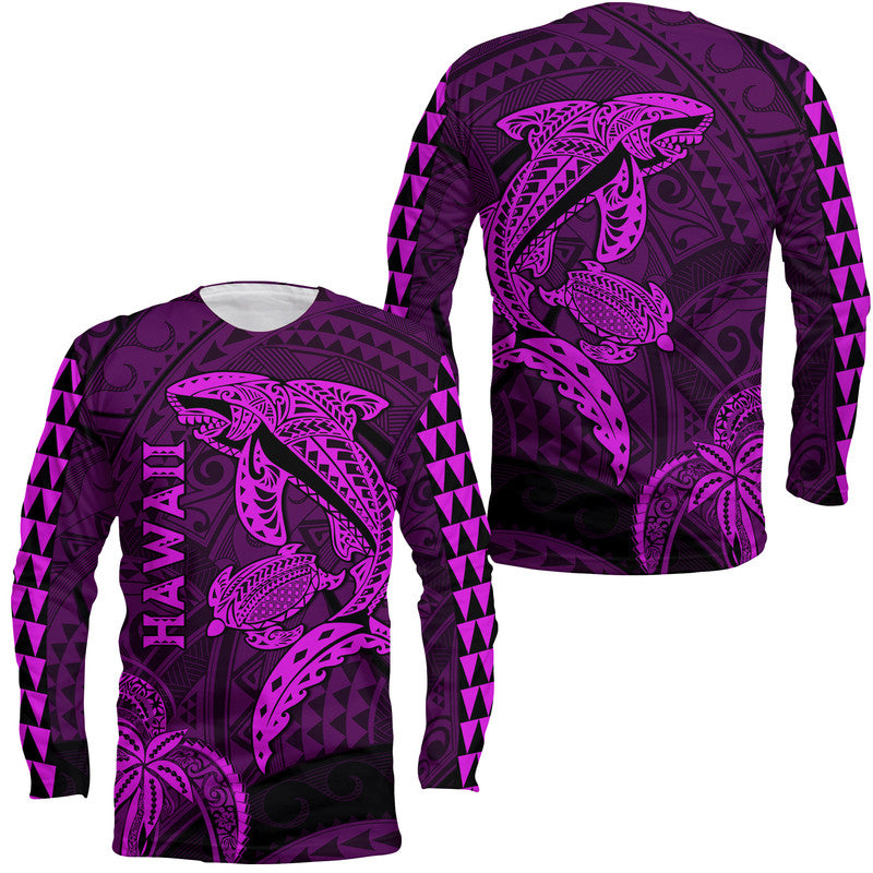 Hawaii Long Sleeve Shirt Shark and Turtle Mix Kakau Purple LT9 Unisex Purple - Polynesian Pride