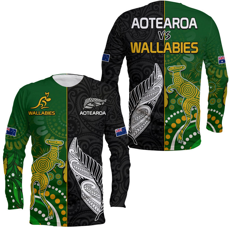 Aotearoa Rugby All Black Combine Australia Wallabies Long Sleeve Shirt Aboriginal Kangaroo And Maori Fern LT9 Unisex Black - Polynesian Pride