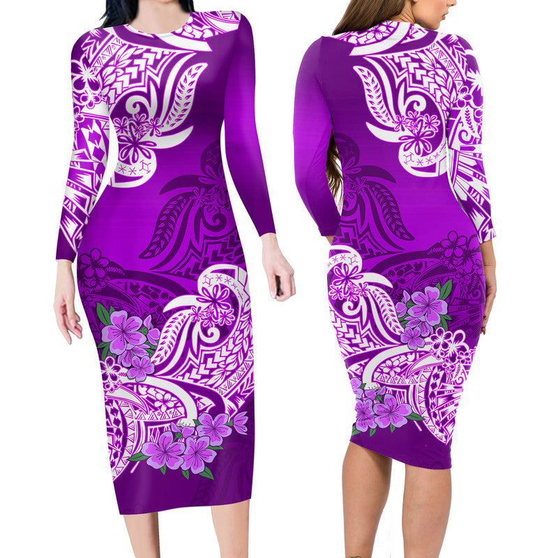 Polynesian Floral Tribal Long Sleeves Dress - Purple LT9 Polyester spandex Purple - Polynesian Pride