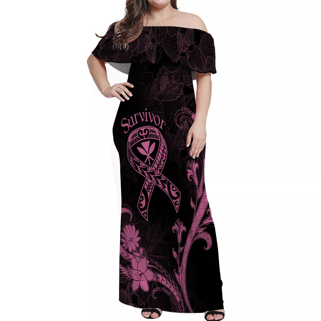 Hawaii Off Shoulder Long Dress Breast Cancer Survivor Mix Hibiscus LT7 Women Black - Polynesian Pride