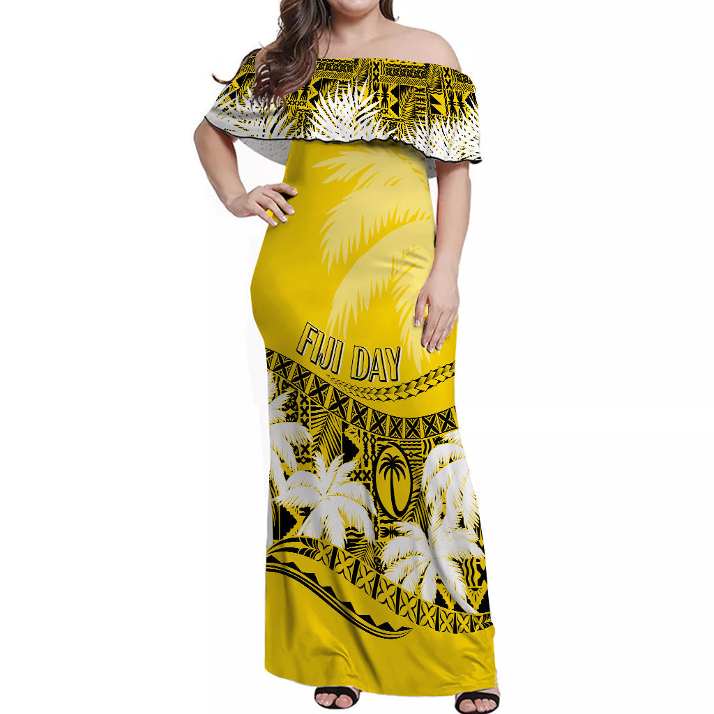 Fiji Day Off Shoulder Long Dress Flying Fijians Masi Kesa Style - Gold LT7 Women Gold - Polynesian Pride