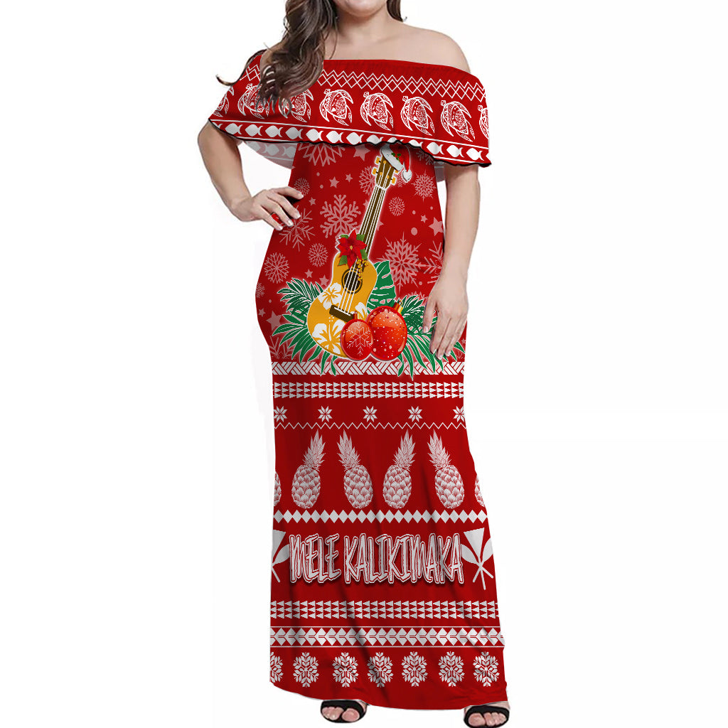 Hawaii Christmas Off Shoulder Long Dress Mele Kalikimaka - Ukulele LT7 Women Red - Polynesian Pride