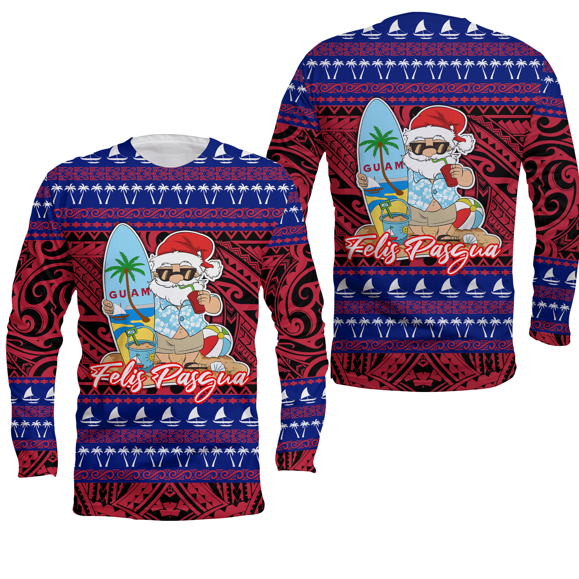 Guam Christmas - Felis Pasgua Santas Guam Surf Board Long Sleeve Shirt - LT2 Unisex RED - Polynesian Pride