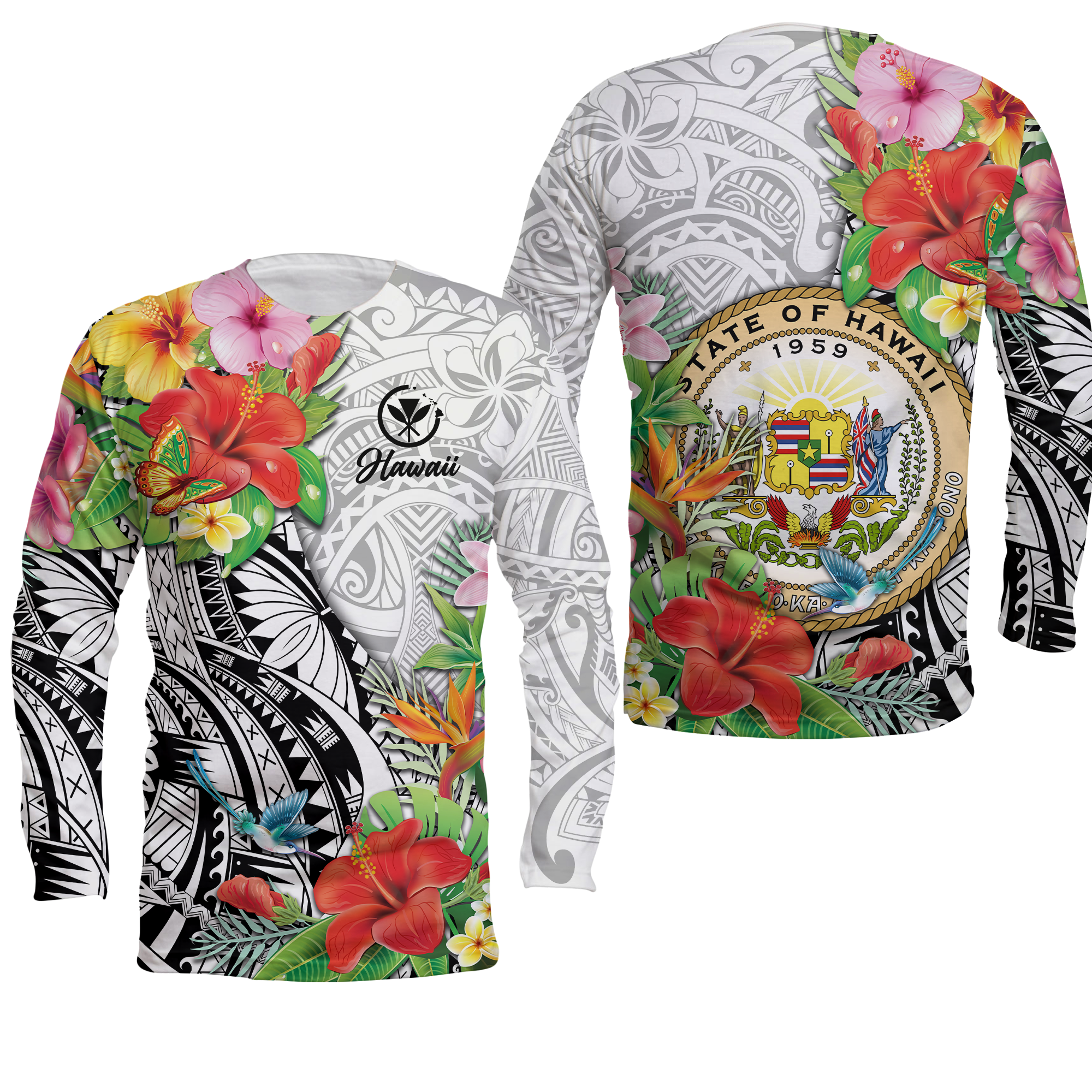 Hawaii Hibiscus Kanaka Polynesia Long Sleeve Shirt - LT2 Unisex WHITE - Polynesian Pride