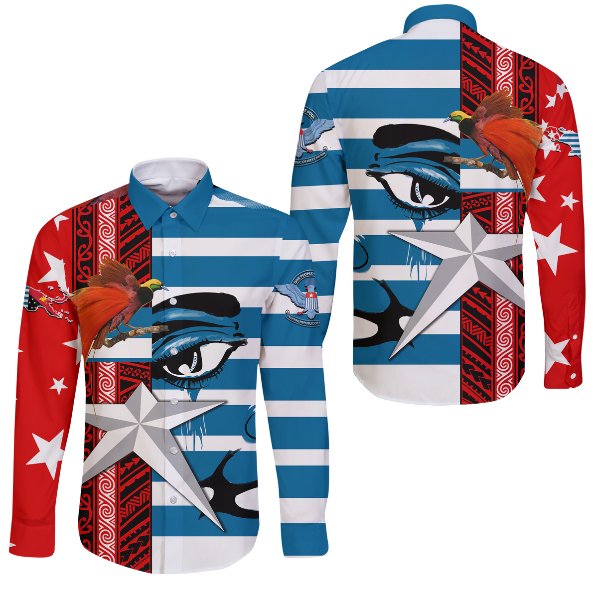 Free West Papua Birds Of Paradise Polynesia Long Sleeve Button Shirt - LT2 Unisex BLUE - Polynesian Pride