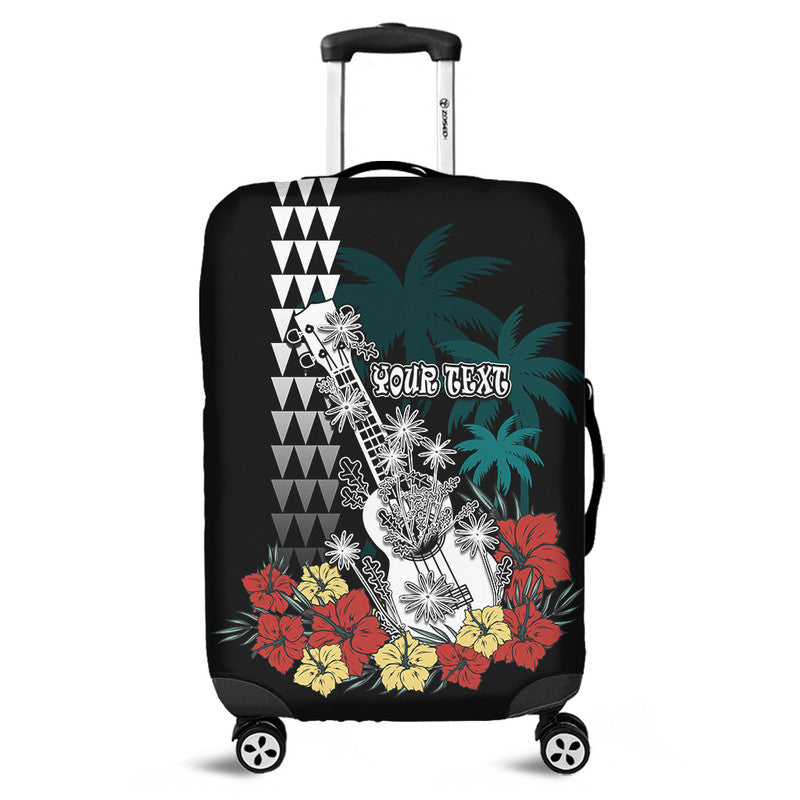 (Custom Personalised) Hawaii Ukulele Mix Hibiscus and Coconut Tree Luggage Cover Aloha Vintage Black Version LT9 Black - Polynesian Pride