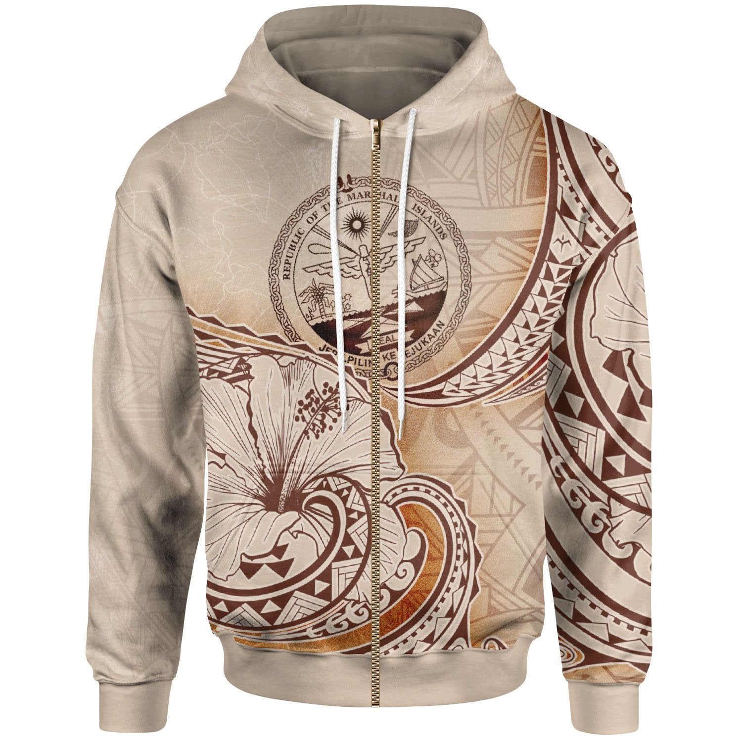 Marshall Islands Zip Hoodie Hibiscus Flowers Vintage Style Nude - Polynesian Pride