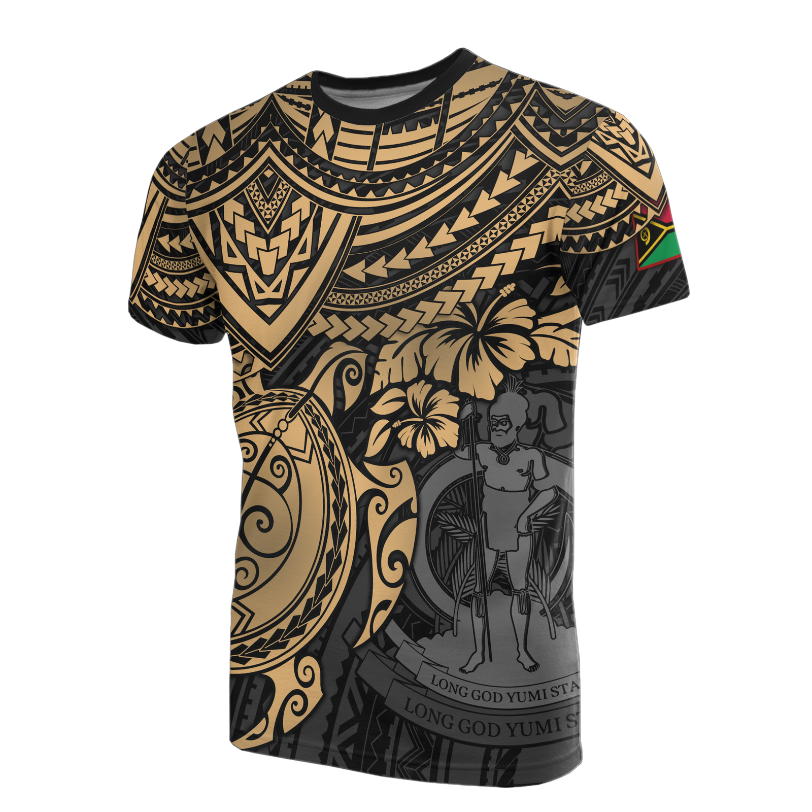 Vanuatu T Shirt Vanuatuan Coat of Arms Gold Turtle Hibiscus Unisex GOLD - Polynesian Pride