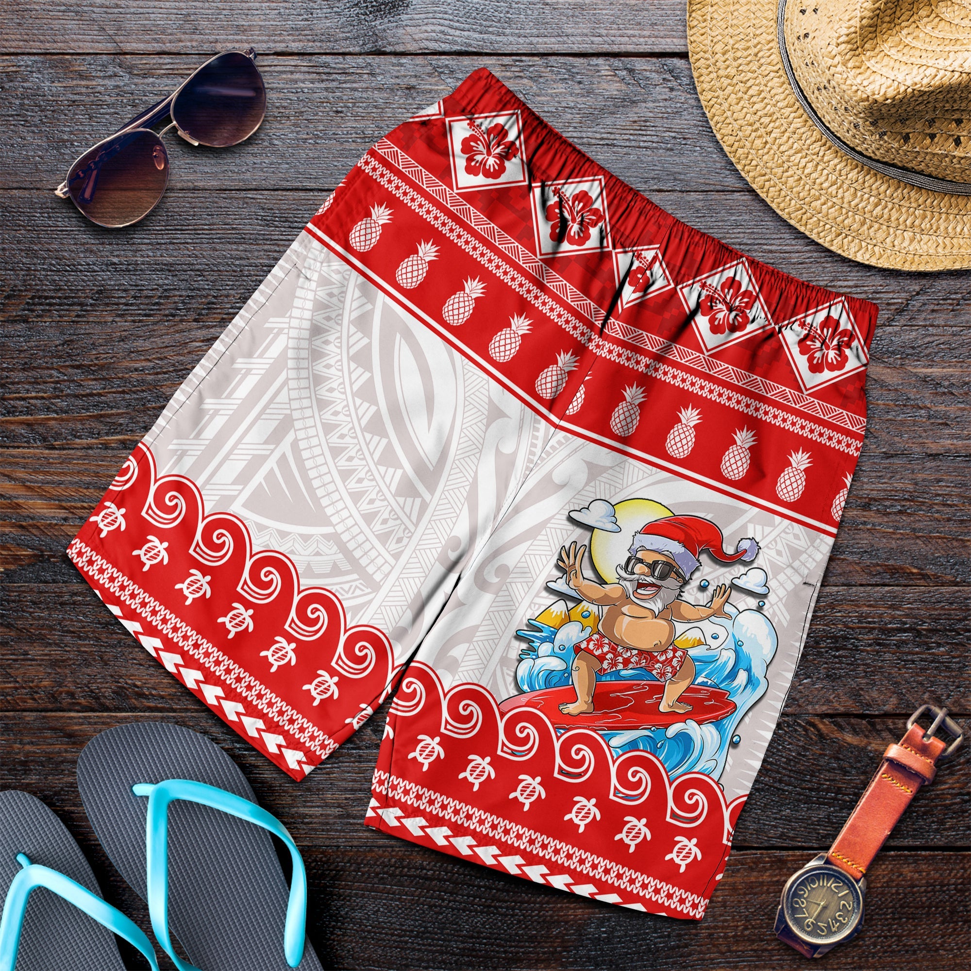 Hawaii Christmas Men Shorts Surfing Santa Mele Kalikimaka Polynesian LT14 Red - Polynesian Pride