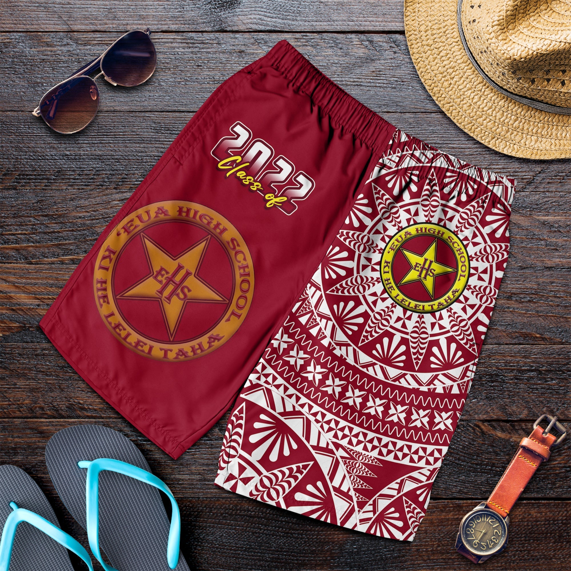 (Custom Your Class Year) Tonga Eua High School Men Shorts Class Of Year Tongan Ngatu Pattern LT14 Maroon - Polynesian Pride