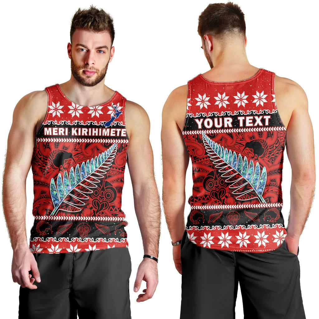 (Custom Personalised) New Zealand Christmas Men Tank Top Paua Shell Silver Fern Meri Kirihimete LT14 Red - Polynesian Pride