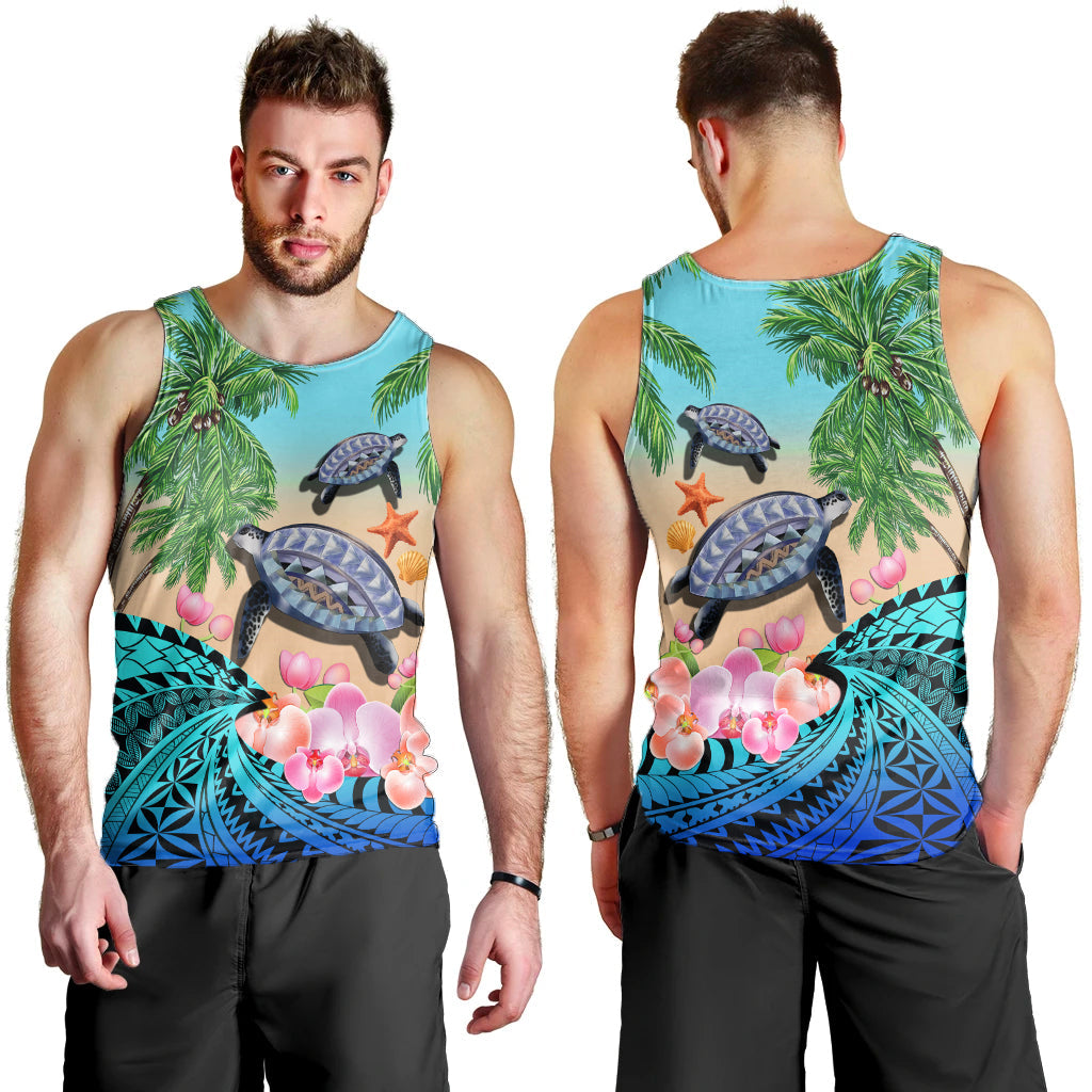 Polynesian Turtle Coconut Tree And Orchids Men Tank Top LT14 Blue - Polynesian Pride