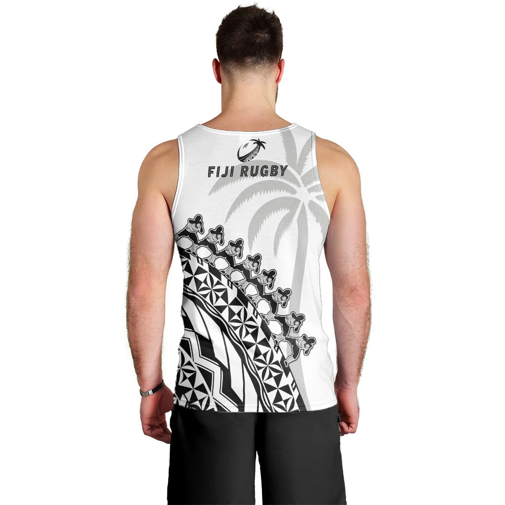 Fiji Rugby Men Tank Top Fijian Cibi Dance Tapa Pattern White LT14 - Polynesian Pride