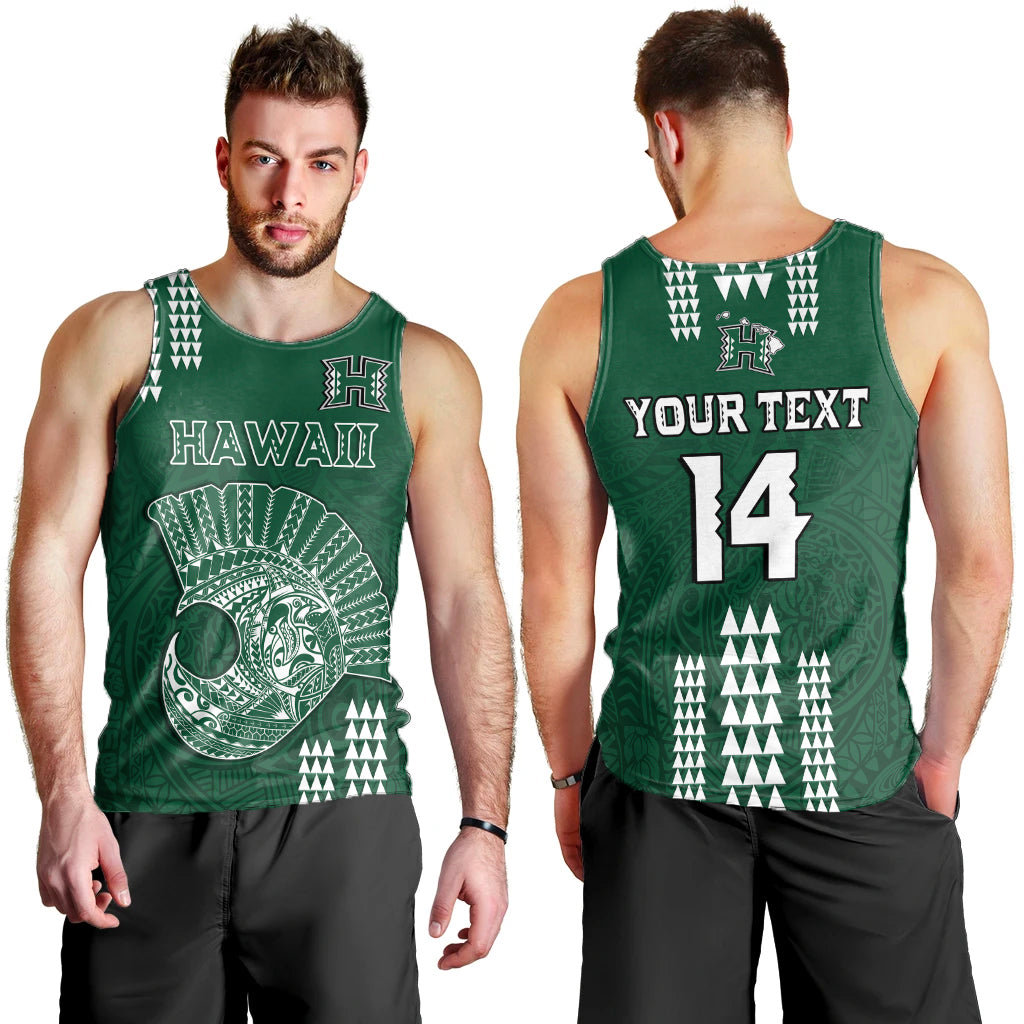 (Custom Text And Number) Hawaii Football Men Tank Top Kakau Rainbow Warriors Helmet LT14 Green - Polynesian Pride