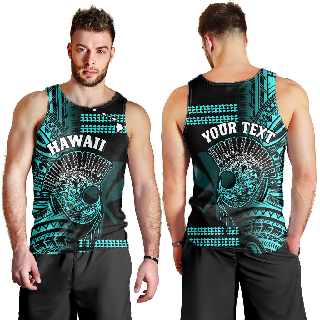 (Custom Personalised) Hawaii Men Tank Top Kakau Warrior Helmet Gradient Turquoise Polynesian LT14 Turquoise - Polynesian Pride