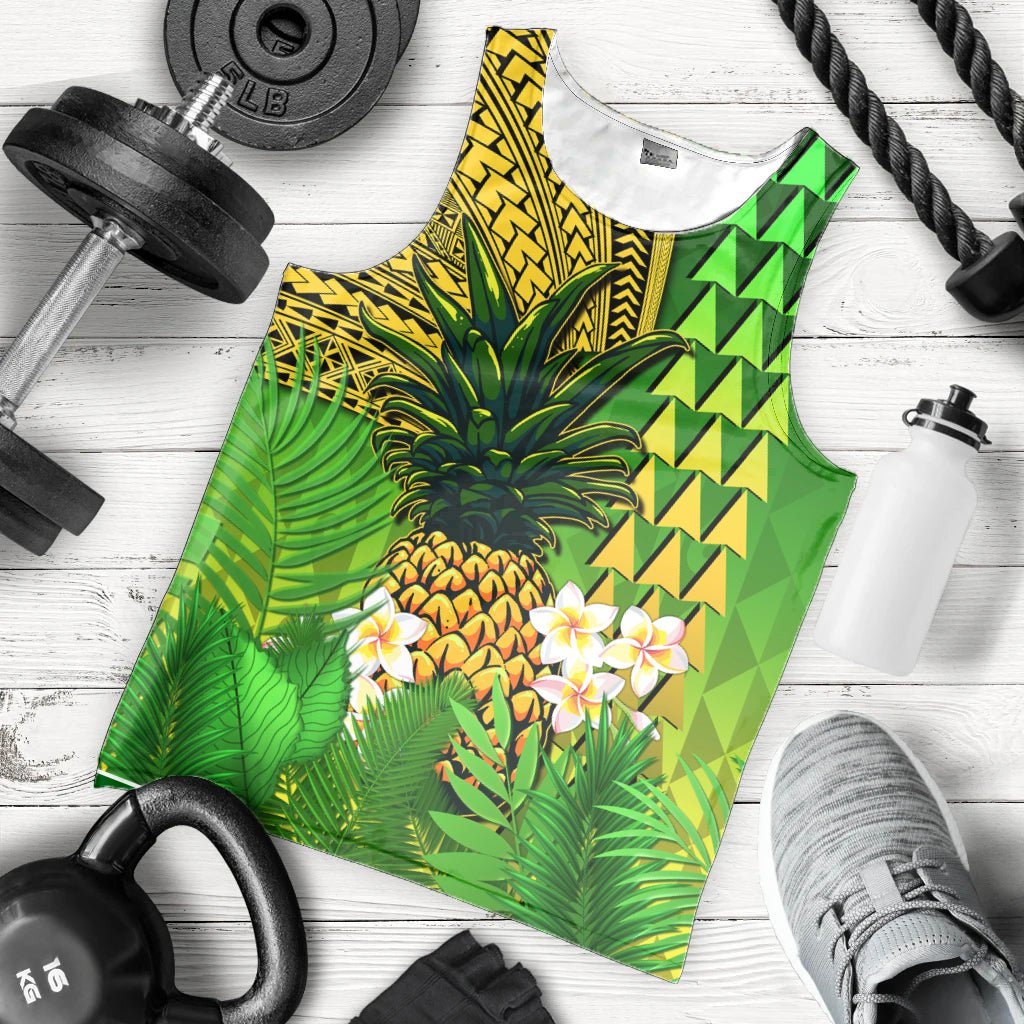 Hawaii Pineapple Men Tank Top Plumeria Frangipani Mix Tribal Pattern LT13 Green - Polynesian Pride