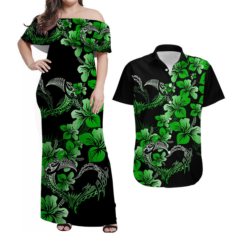 Polynesian Valentine Matching Dress and Hawaiian Shirt Hibiscus Flowers Green Style LT6 Green - Polynesian Pride