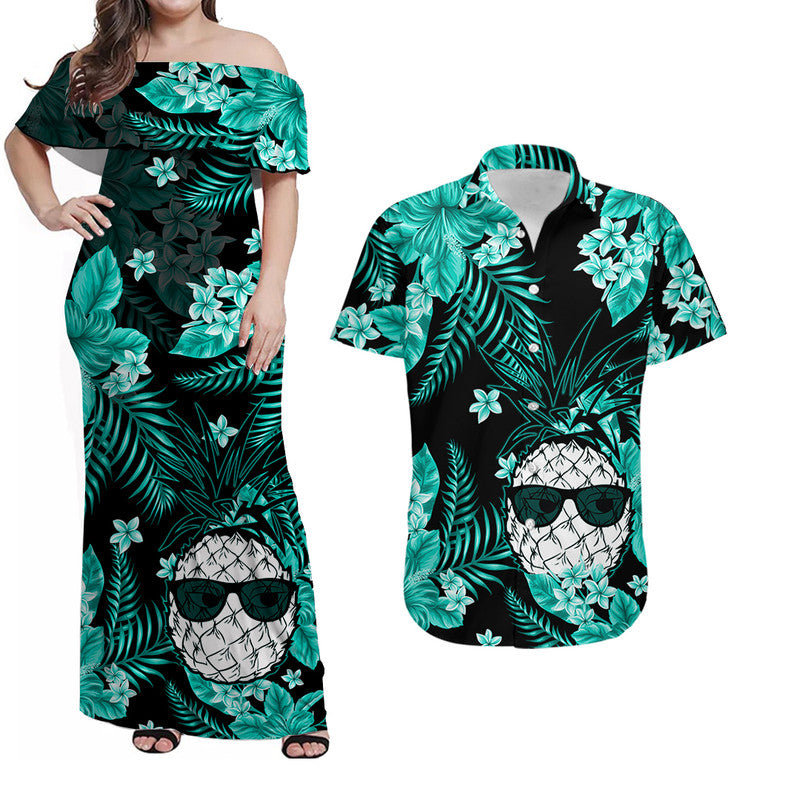 Polynesian Couple Outfits Hawaii Summer Colorful Pineapple Matching Dress and Hawaiian Shirt Turquesa LT6 Green - Polynesian Pride
