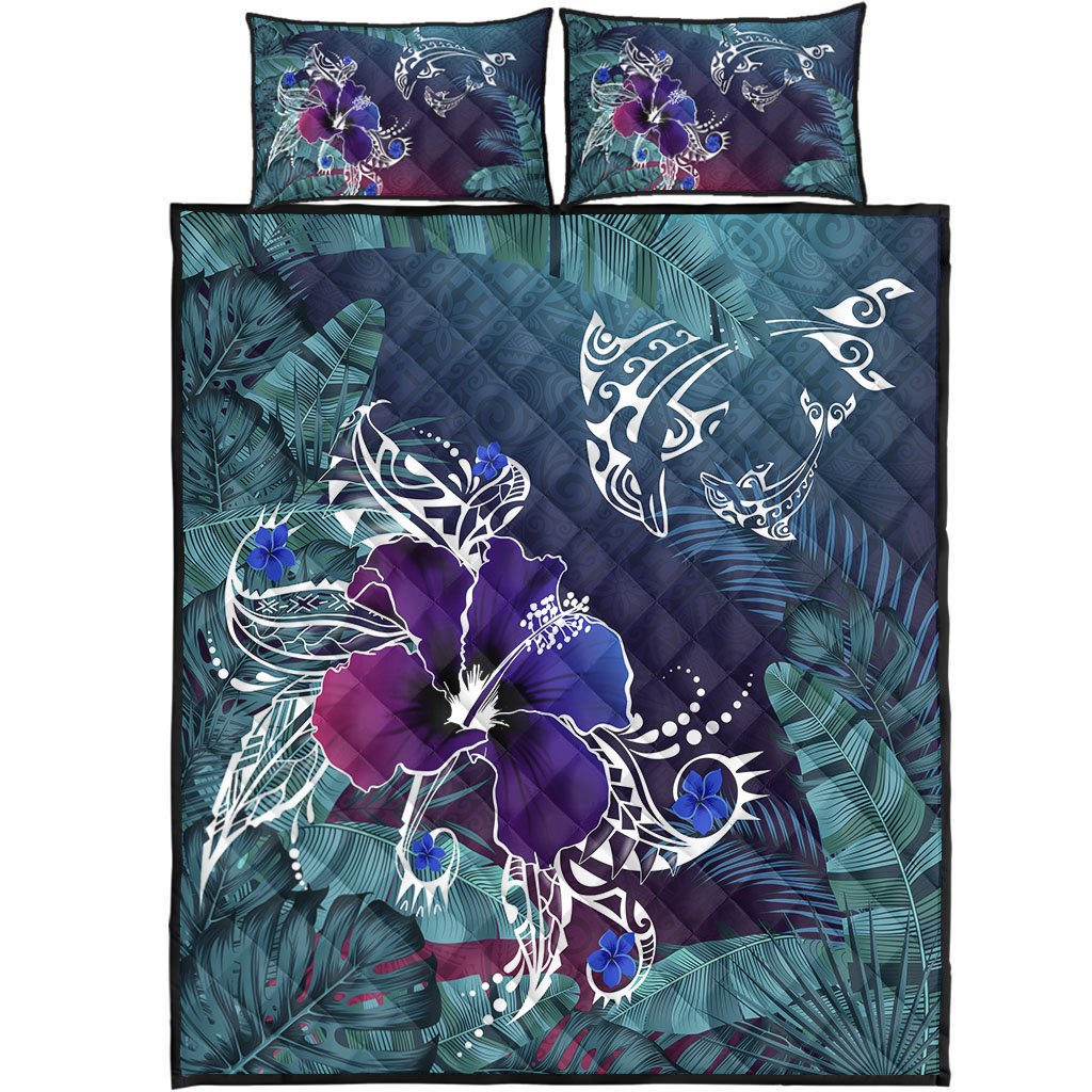 Hawaii Dophin Flowers And Palms Retro Quilt Bed Set - AH Green - Polynesian Pride