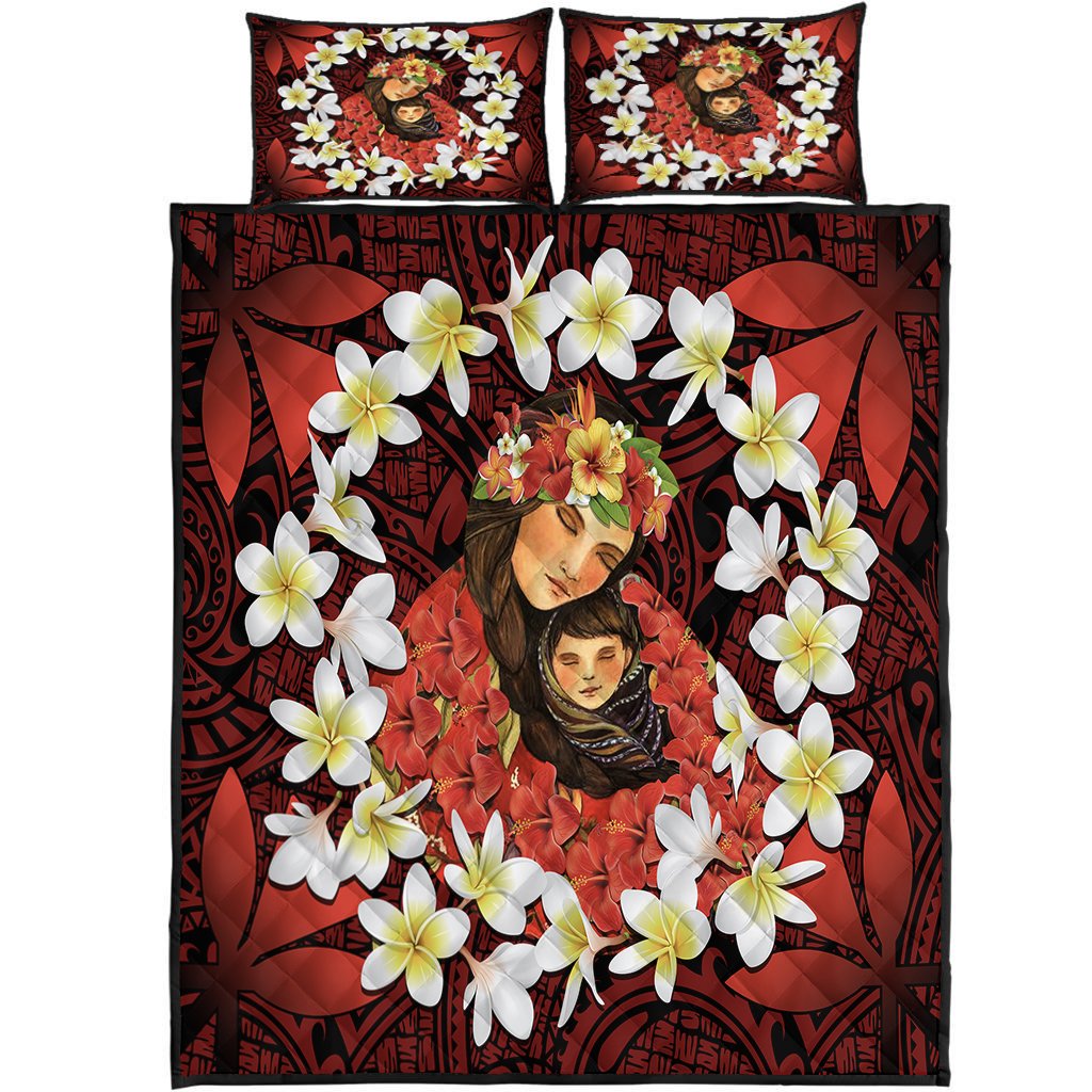 Kanaka Mother And Child Plumeria Leis Polynesian Quilt Bed Set - Warm Heart - AH Red - Polynesian Pride