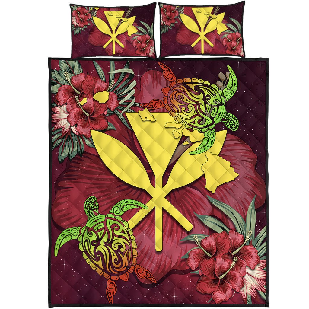 Kanaka Map Turtle Hibiscus Quilt Bed Set - Red Velvet - AH Red - Polynesian Pride