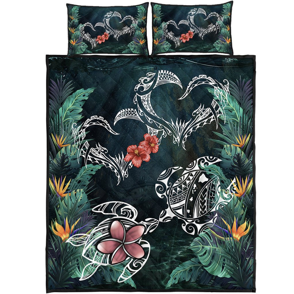 Hawaii Turtle Tropical Quilt Bed Set - Heart Polynesian - AH Blue - Polynesian Pride