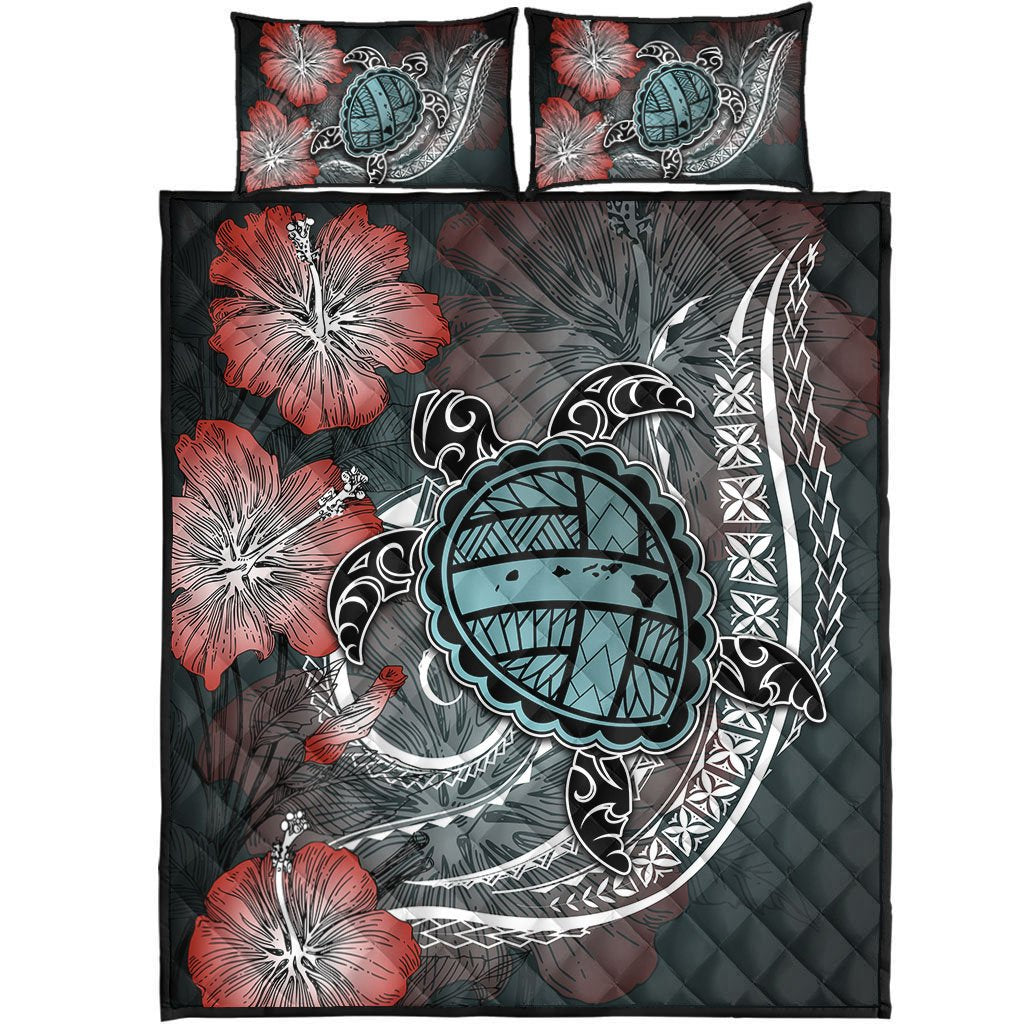 Hawaii Turtle Map Hibiscus Polynesian Quilt Bed Set - AH Blue - Polynesian Pride