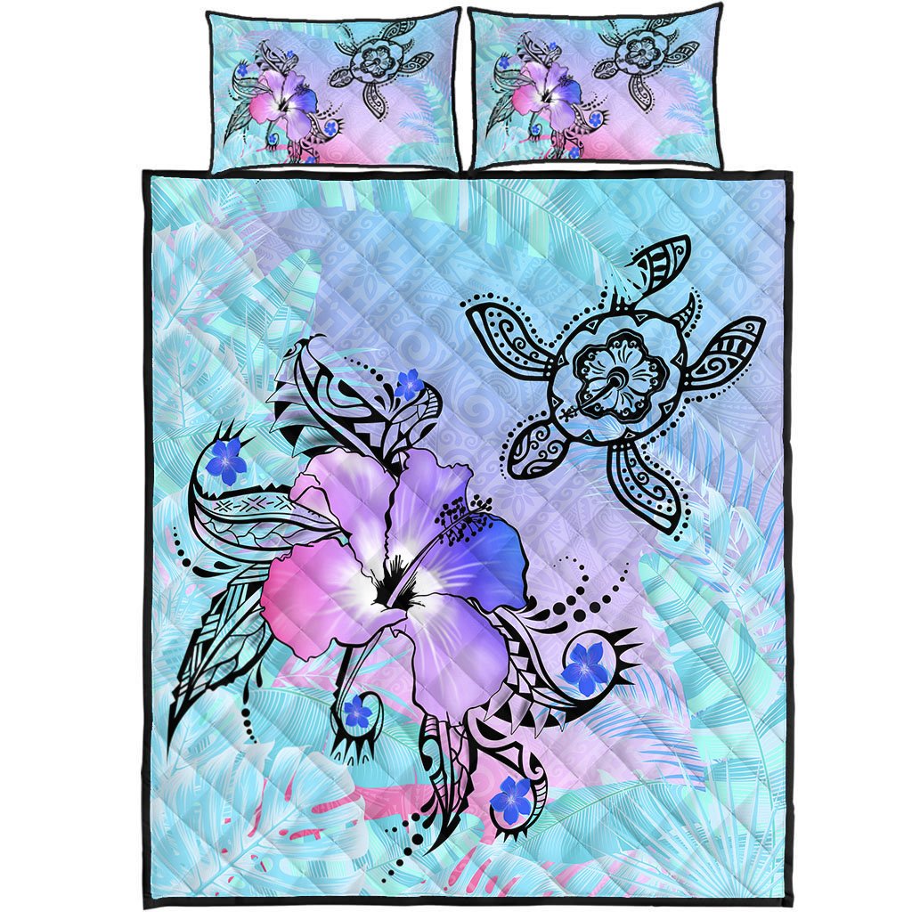 Hawaii Turtle Flowers And Palms Retro Quilt Bed Set - Blue Pink - AH Blue - Polynesian Pride