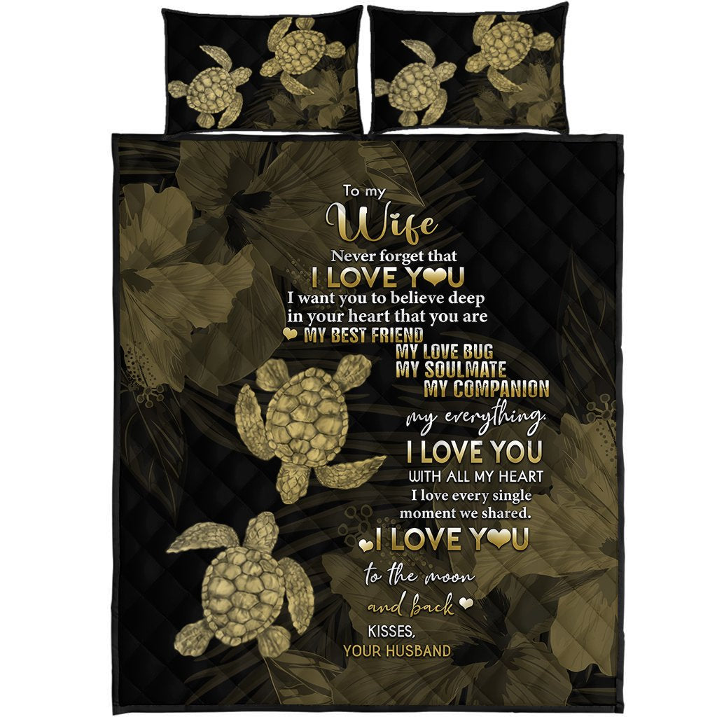 Hawaii Turtle Quilt Bed Set Hibiscus To My Wife Gold AH Gold - Polynesian Pride